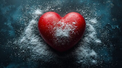 Fototapeta premium Red heart covered in white powder on dark background