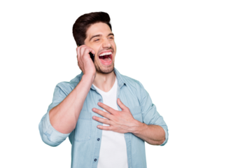 LOL! Photo of handsome guy holding telephone hand near ear listen best friend humorous story laughing out loud wear denim shirt isolated green color background