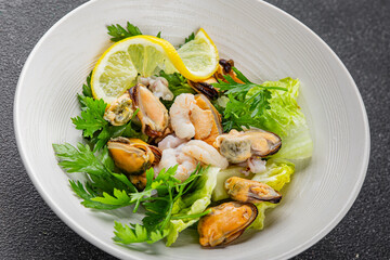 Seafood salad fruit de mer shrimp, mussels, squid, rapawn, prawn, green mixed leaf dish fresh food background on the table rustic food top view copy space keto paleo diet vegetarian pescetarian