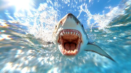 Approaching Shark with Open Jaws in Clear Blue Water