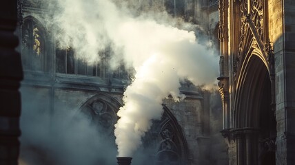 Fototapeta premium White smoke emerges from the chimney of a historic European church, symbolizing tradition, ceremony, and spiritual significance. 