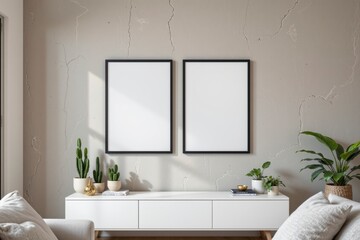 Modern Living Room with Blank Art Frames and Indoor Plants
