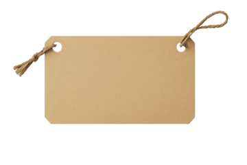 Blank cardboard price tag or label with thread isolated white background. PNG