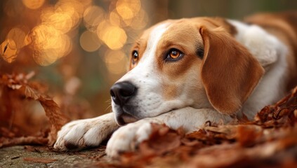 Beagle rests in fallen leaves, gazing intently, autumn forest, blurred background
