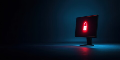 ransomware cyberattack concept. Locked computer screen in a dark environment with a glowing padlock symbol.