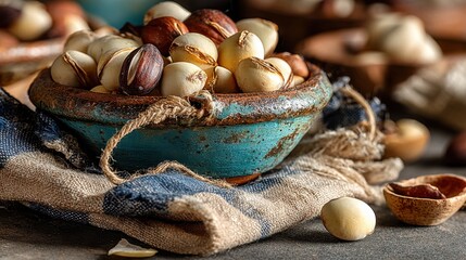 Bowl full of pili nuts resting on a rustic cloth evokes healthy eating