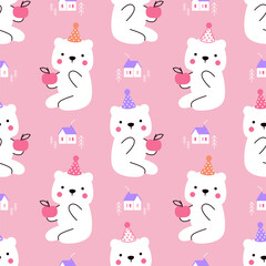 Seamless vector pattern featuring cartoon polar bears on a pink background. Cute design for textiles or wrapping paper