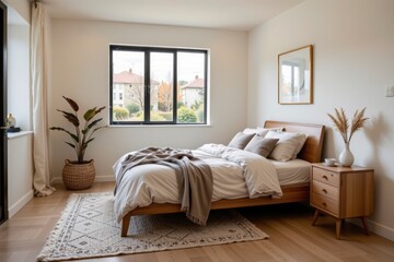 Cozy modern bedroom with natural light and stylish decor elements