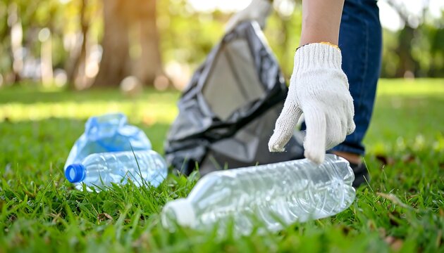 Person Picking Up Plastic Bottles in a Park During a Community Clean-Up Activity on a Sunny Day