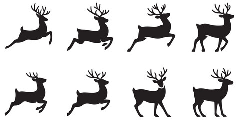  set of black vector reindeer, Christmas reindeer, deer, wild deer silhouettes