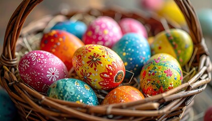 Colorful Easter Eggs in Woven Basket Surrounded by Bright and Cheerful Decorations for Celebration
