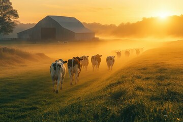 Cows walking toward the barn in the morning golden light and fog, showcasing a rural farm scene at dawn.