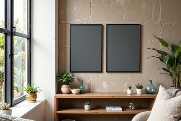 Modern Minimalist Living Room with Blank Frames and Indoor Plants