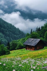 Misty Mountain Cabin with Wildflowers.