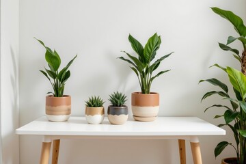 Obraz premium Indoor Plants in Stylish Pots on Modern Table with Neutral Background
