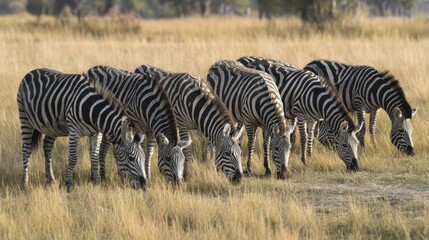 Obraz premium Daurian Zebra Herd Grazing in Golden Savanna Grassland