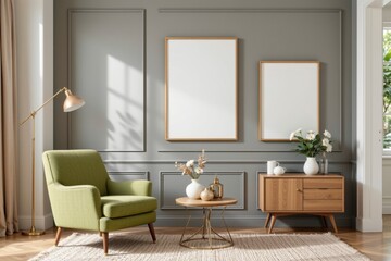 Cozy Living Room with Green Accent Chair and Minimalist Decor