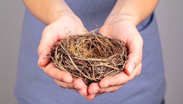 Person Holding Empty Bird Nest with Natural Materials in Hands Symbolizing Care and Nature Connection
