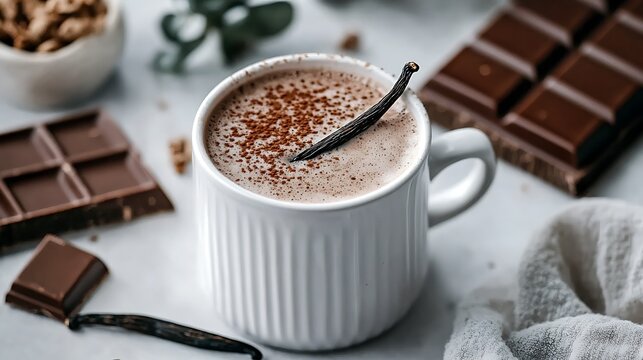 Vanilla hot chocolate in a white mug