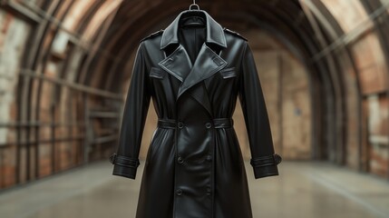 Fototapeta premium Elegant Black Leather Trench Coat on Hanger, Style, Fashion