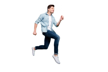 Full length body size turned photo of cheerful positive funny man trying to come for sales on time jumping running isolated over green vivid color background