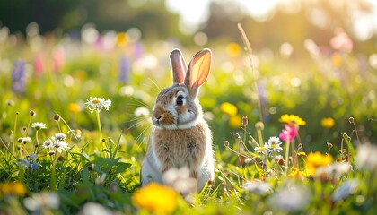 Cute rabbit sitting in vibrant flower field during sunny day in spring season with natural light
