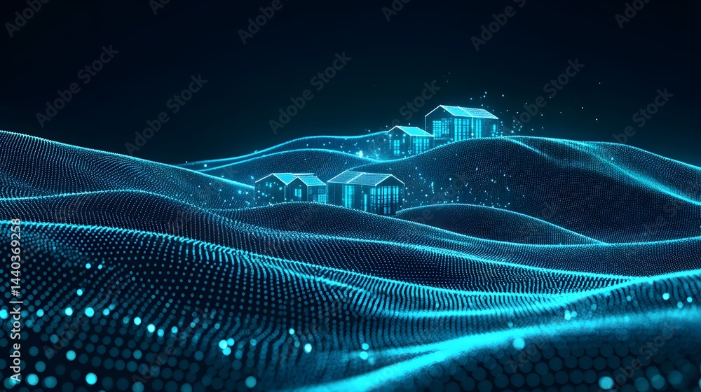 Aufkleber rolling hills shimmer with glowing blue dots, creating an ethereal landscape. wireframe houses sit a