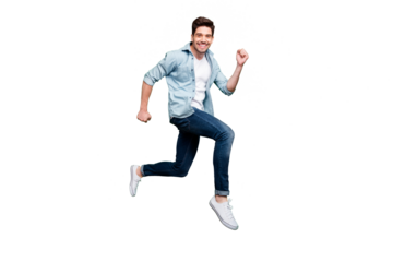 Full body profile photo of handsome guy jumping high sportive competition participant running fast wear casual denim clothes isolated green color background