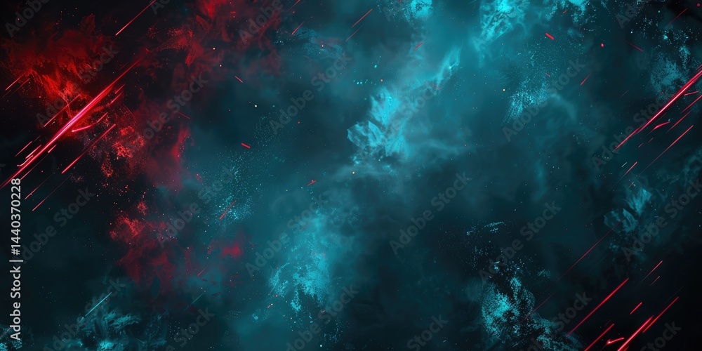 Poster abstract red and teal lines with splatter effects on dark background. background image of red and bl