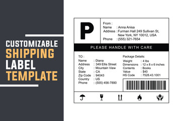 Customizable Shipping Label Template. Editable Delivery Label for Packages, E-commerce, and Logistics