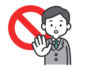 STOPマークと制止するスーツ男性
