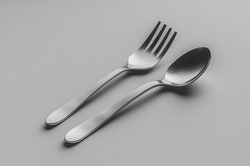 Steel Fork and Spoon, Silverware Utensil with Reflective Surface on Grey Background, Simple
