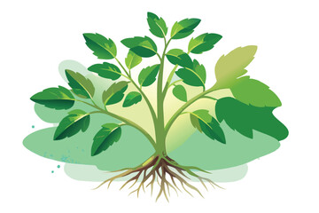 Illustration of a Plant with Extensive Root System and Lush Green Leaves