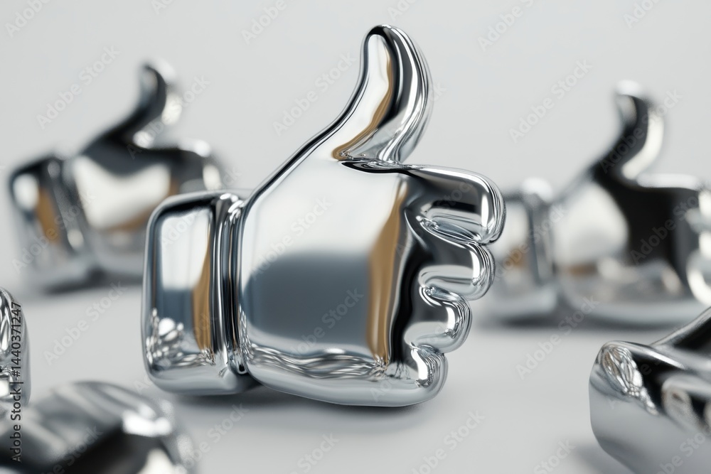 Aufkleber shiny thumbs up icons arranged on a white surface with a shallow depth of field creating a blurred e