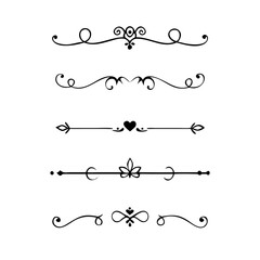 Text dividers doodle set. Wedding decorative elements. Divider ornament borders vintage line separators.Line dividers. Decorative swirl text separators, vintage divider.Golden vintage floral elements 