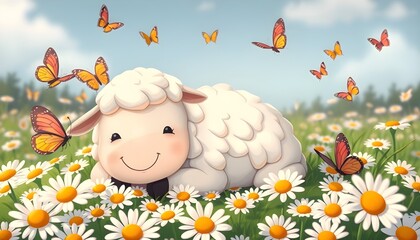 Adorable Cartoon Lamb in Daisy Field with Butterflies - Cute Spring Illustration

