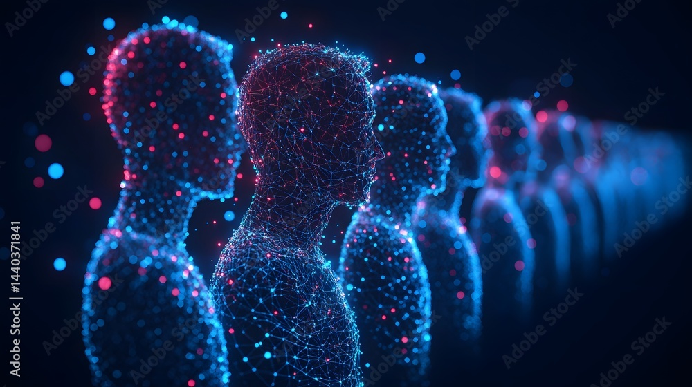 Poster Futuristic digital figures interconnected by a blue and red mesh network, conveying themes of AI and data. The prominent foreground figure draws focus. Abstract wireframe in dark blue.