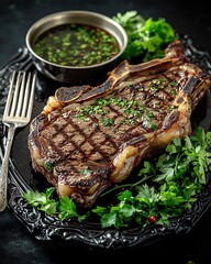 contemporary food art of grilled steak and jus