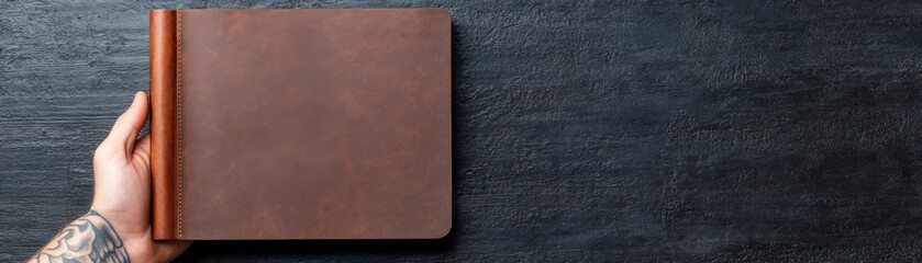 Obraz premium Leather Bound Book Held by Hand on Black Wood Surface,Notebook ,Journal