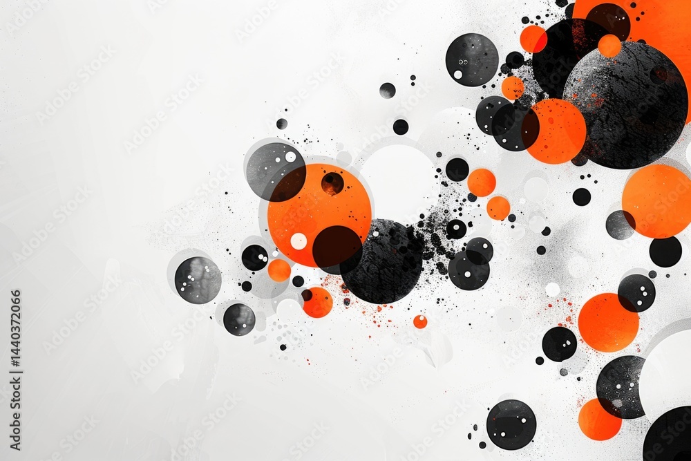 Poster abstract black and orange circles with splatter effects on white background. background image of bla
