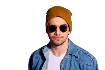 Close up photo of serious confident cool hipster candidly staring into camera through sunglass isolated over bright background