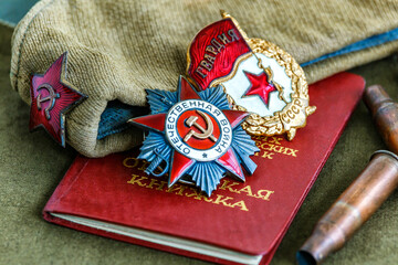 Naklejka premium Orders and medals of the USSR.Awards of the Second world war close-up.Victory Day - 9 of may 1945. Soviet military awards.Phaleristics.Antikvariat.