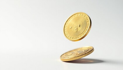 Close-up of a single coin flipped mid-air, isolated on white , metal, reflection
