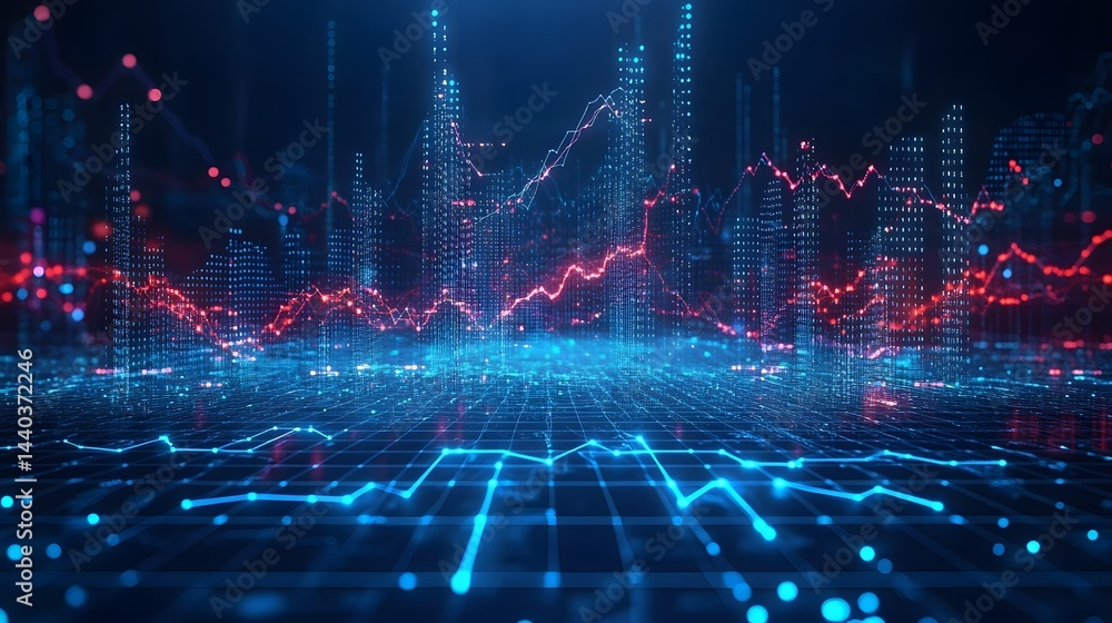Poster dynamic data analytics visualization. interconnected grids, digital cityscape of blue columns, and r