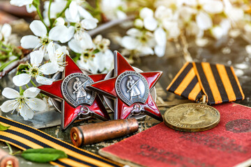 Naklejka premium Orders and medals of the USSR.Awards of the Second world war close-up.Victory Day - 9 of may 1945. Soviet military awards.Phaleristics.Antikvariat.