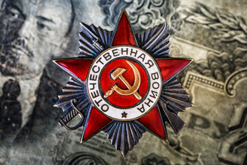 Naklejka premium Orders and medals of the USSR.Awards of the Second world war close-up.Victory Day - 9 of may 1945. Soviet military awards.Phaleristics.Antikvariat.