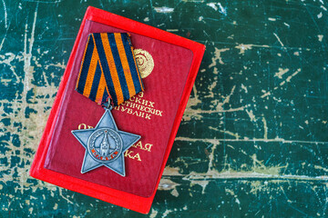 Naklejka premium Orders and medals of the USSR.Awards of the Second world war close-up.Victory Day - 9 of may 1945. Soviet military awards.Phaleristics.Antikvariat.