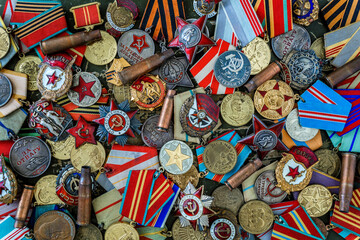 Naklejka premium Orders and medals of the USSR.Awards of the Second world war close-up.Victory Day - 9 of may 1945. Soviet military awards.Phaleristics.Antikvariat.