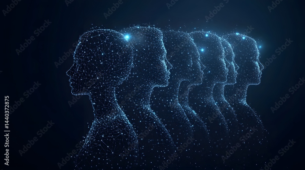 Fototapete futuristic interconnected human profiles glow against a dark backdrop. networks of blue dots form me