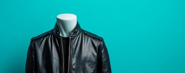Leather Jacket on Mannequin Blue Background, Fashion , Style